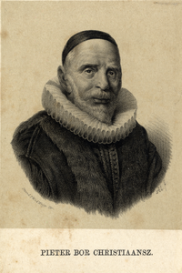 104111 Portret van P. Bor Cz., geboren 1559, geschiedschrijver, geboren te Utrecht, overleden 16 maart 1635. Borstbeeld ...